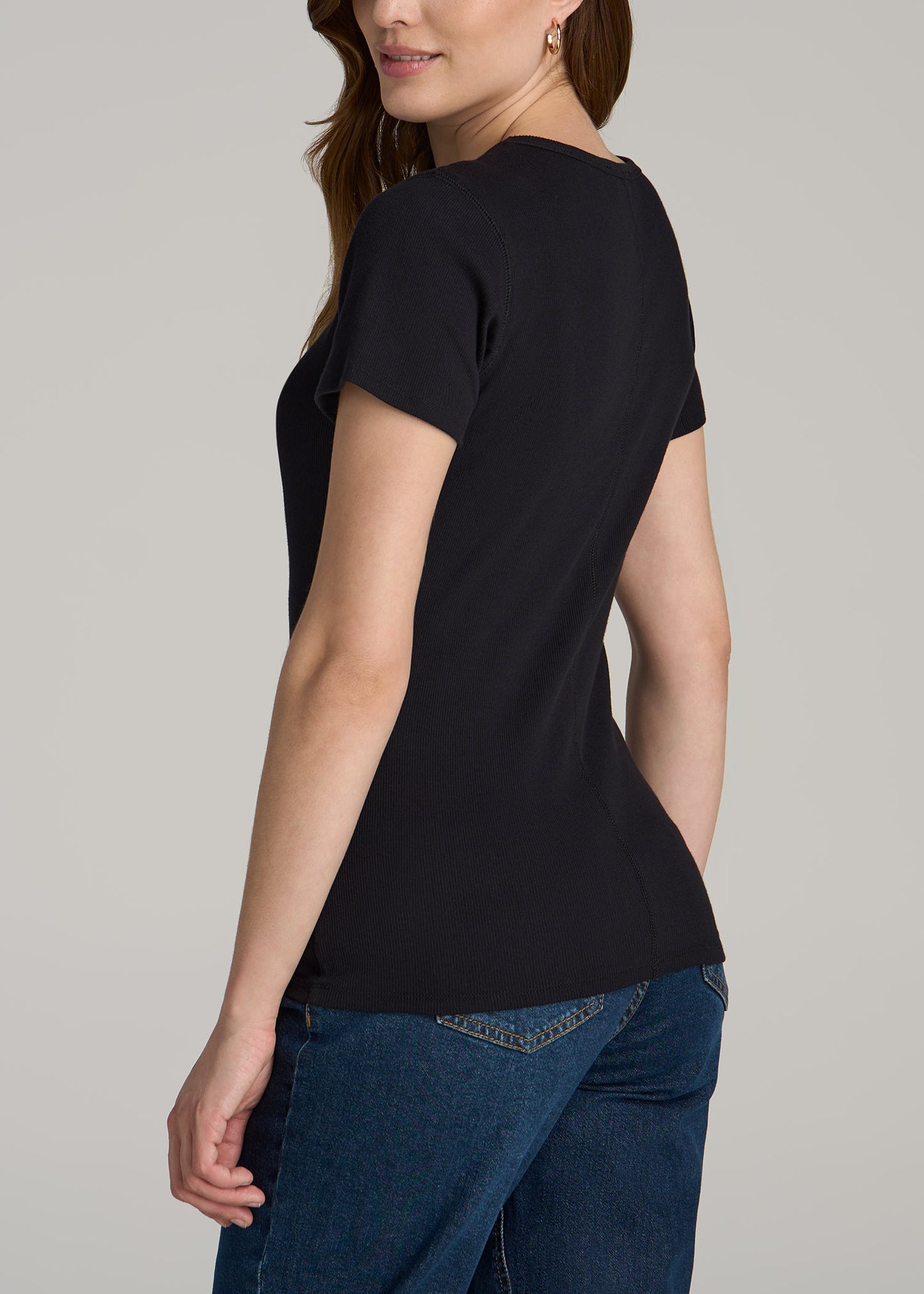 Short Sleeve Crew Neck Ribbed T-Shirt for Tall Women in Black