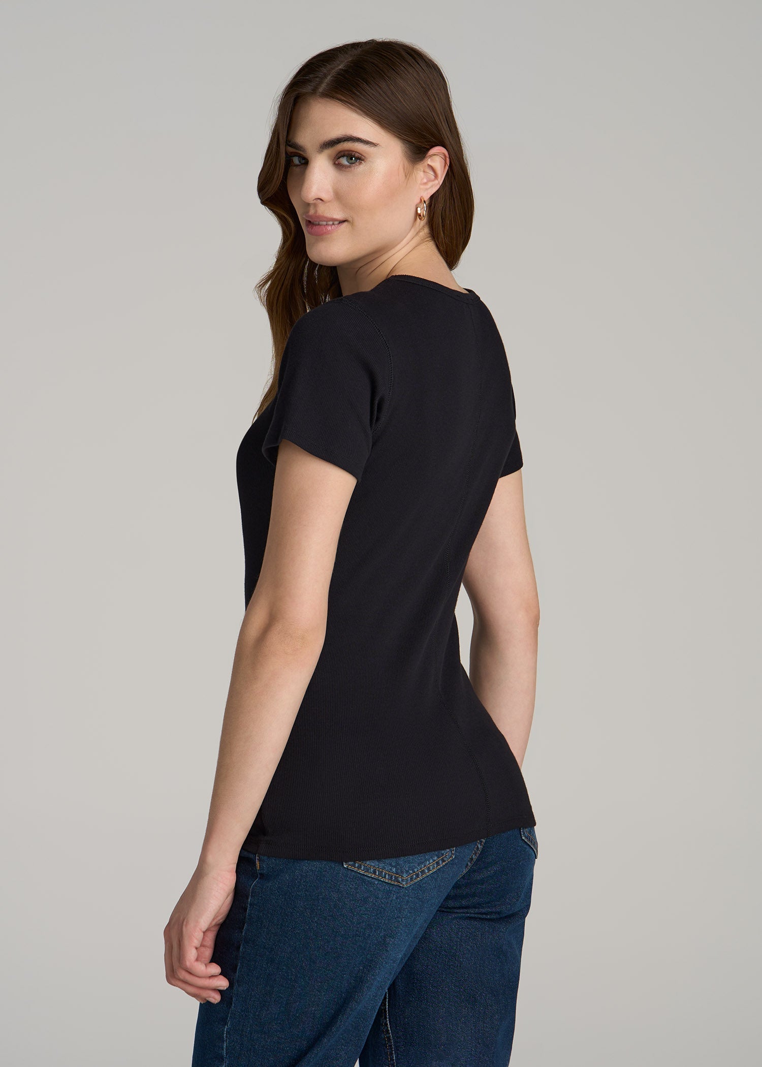 Short Sleeve Crew Neck Ribbed T-Shirt for Tall Women in Black