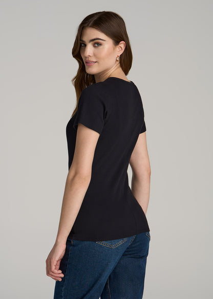 Short Sleeve Crew Neck Ribbed T-Shirt for Tall Women in Black