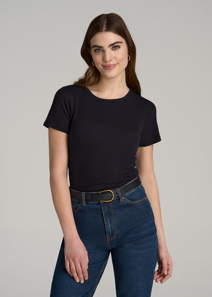 Short Sleeve Crew Neck Ribbed T-Shirt for Tall Women in Black