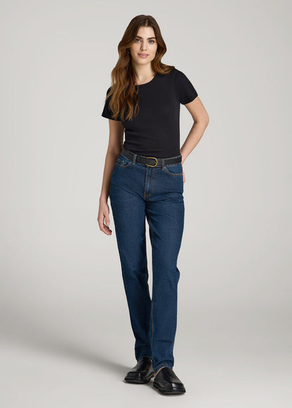Short Sleeve Ribbed Crewneck T-Shirt for Tall Women in Black