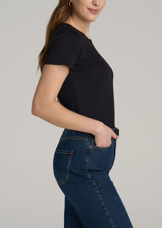 Short Sleeve Crew Neck Ribbed T-Shirt for Tall Women in Black