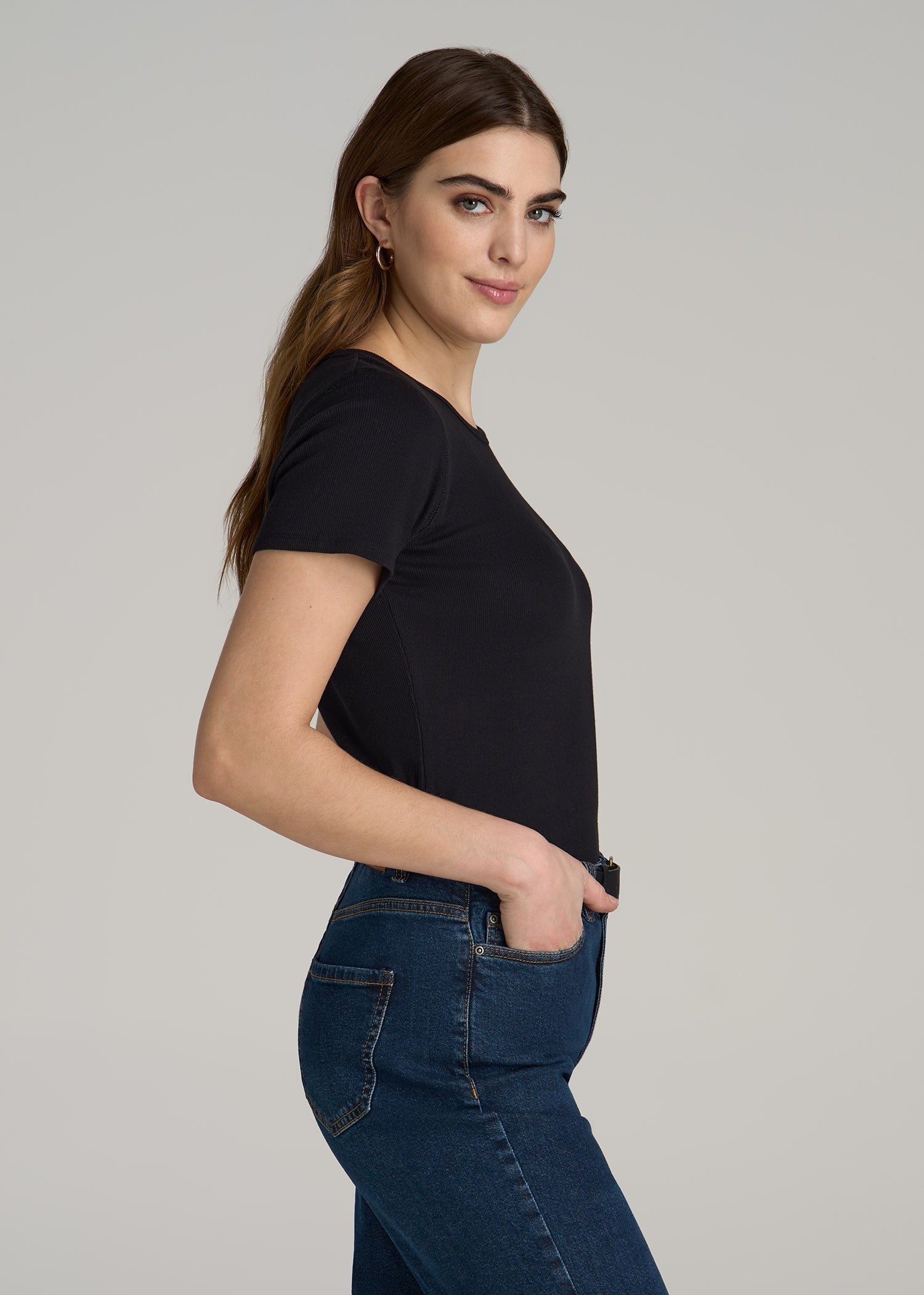 Short Sleeve Crew Neck Ribbed T-Shirt for Tall Women in Black