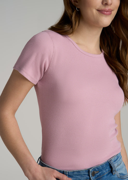 Short Sleeve Crew Neck Ribbed T-Shirt for Tall Women in Pink Peony