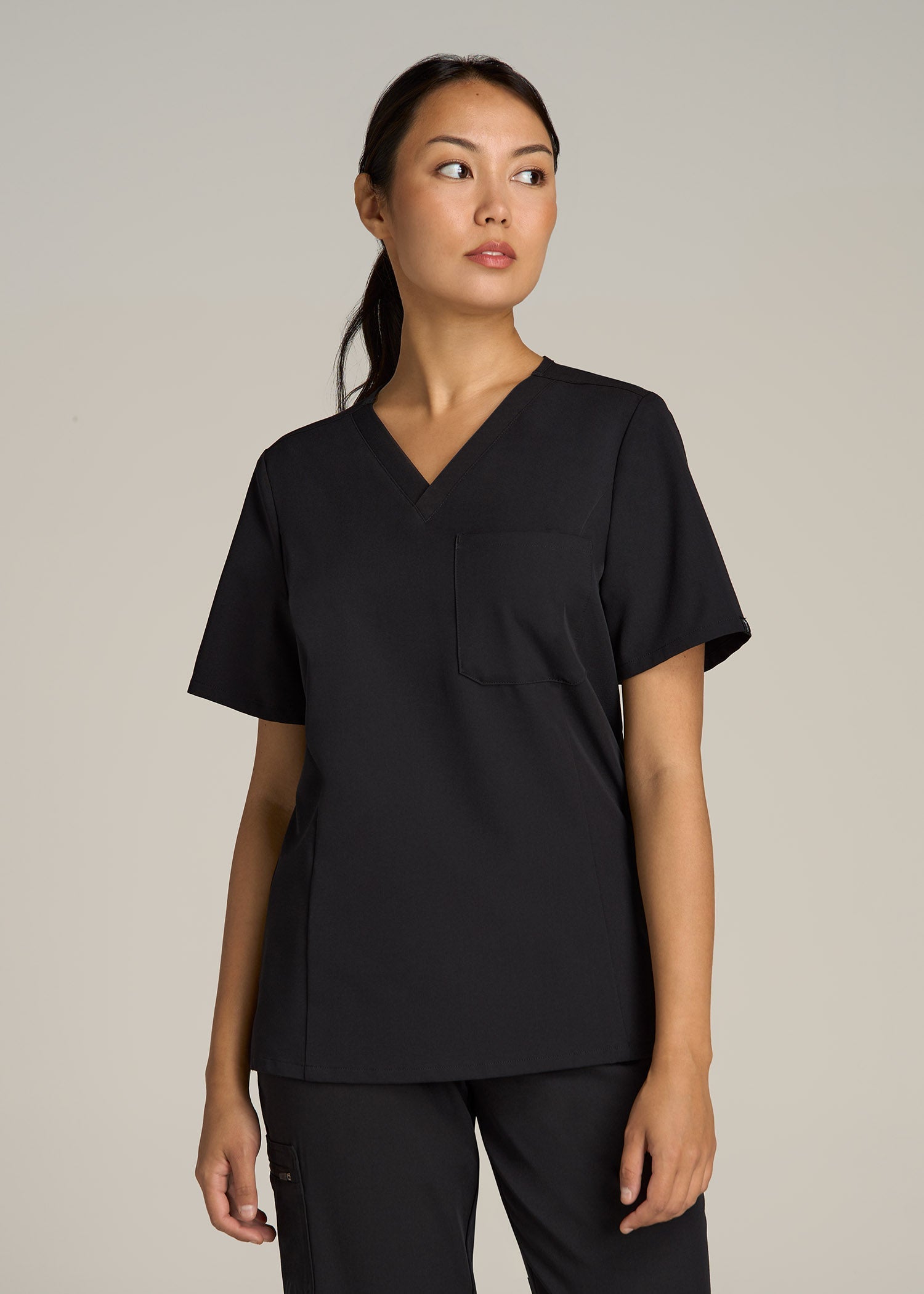 Short Sleeve V-Neck Scrub Top for Tall Women in Black