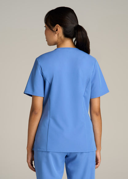 Short Sleeve V-Neck Scrub Top for Tall Women in Deep Sky Blue