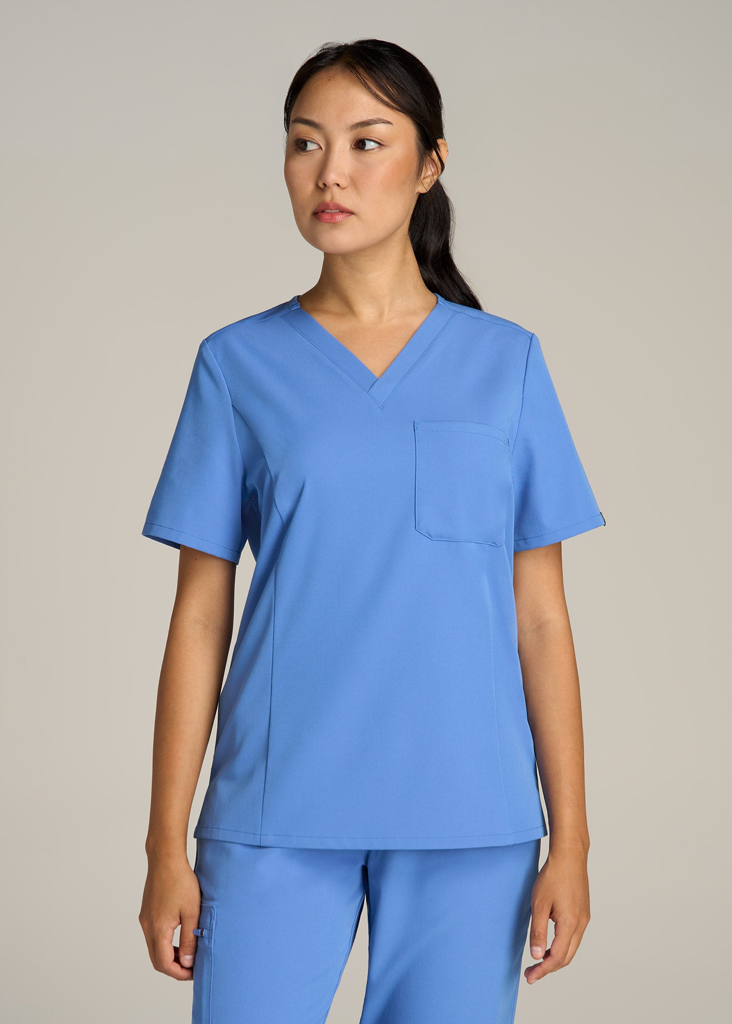 Short Sleeve V-Neck Scrub Top for Tall Women in Deep Sky Blue