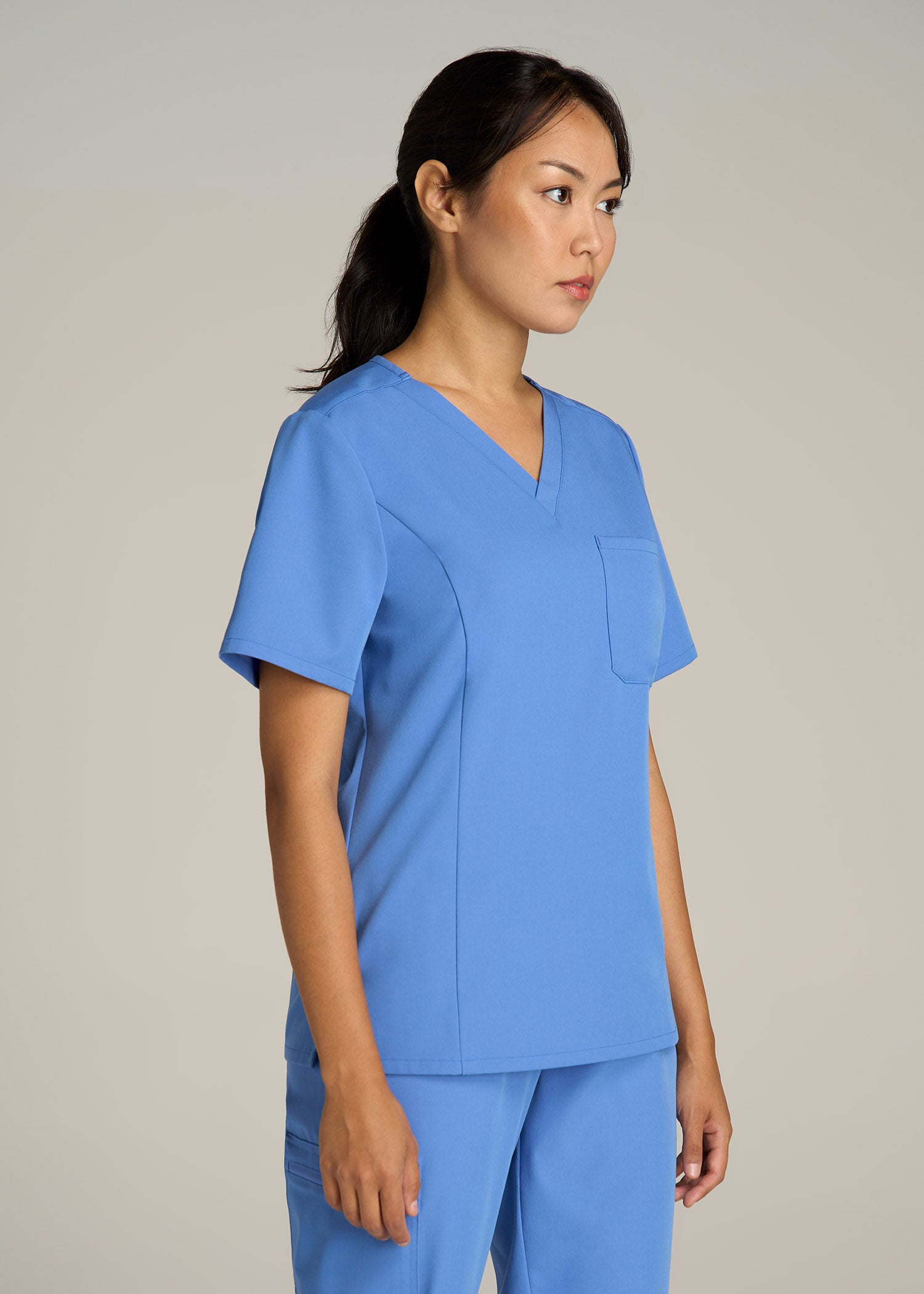 Short Sleeve V-Neck Scrub Top for Tall Women in Deep Sky Blue