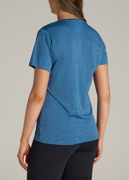 Short Sleeve Active V Neck T-Shirt for Tall Women in Ocean Blue Space Dye