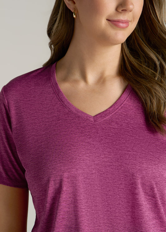 Short Sleeve Active V Neck T-Shirt for Tall Women in Raspberry Space Dye