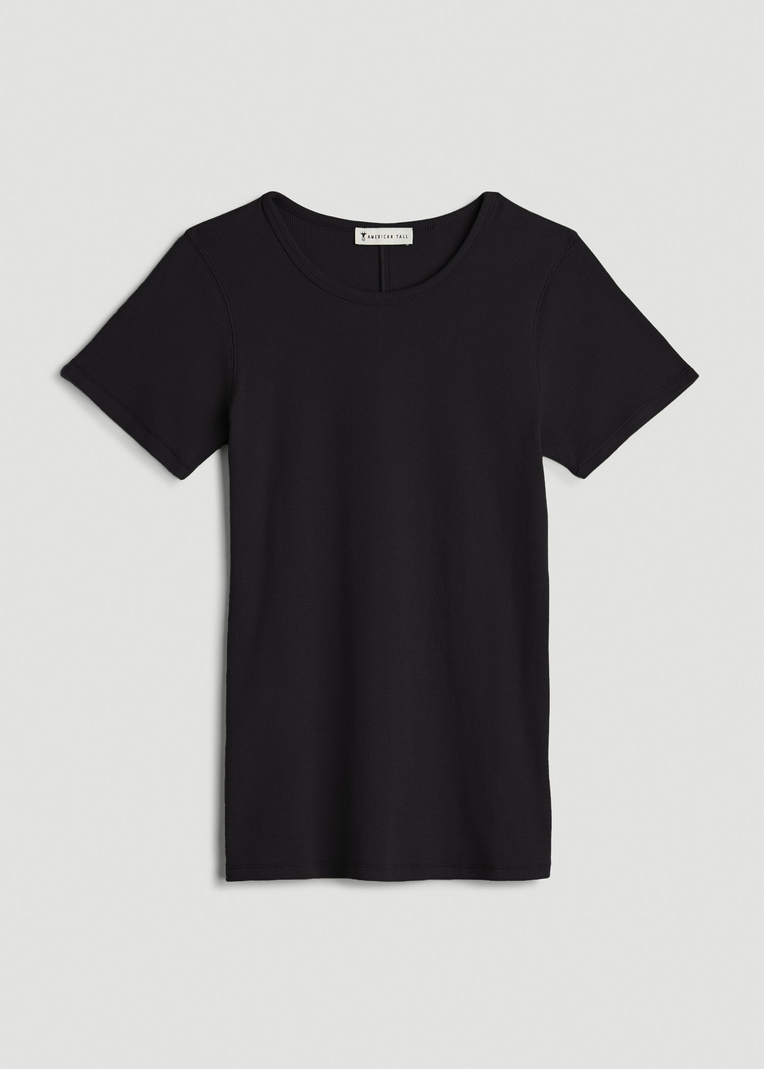 Short Sleeve Crew Neck Ribbed T-Shirt for Tall Women in Black