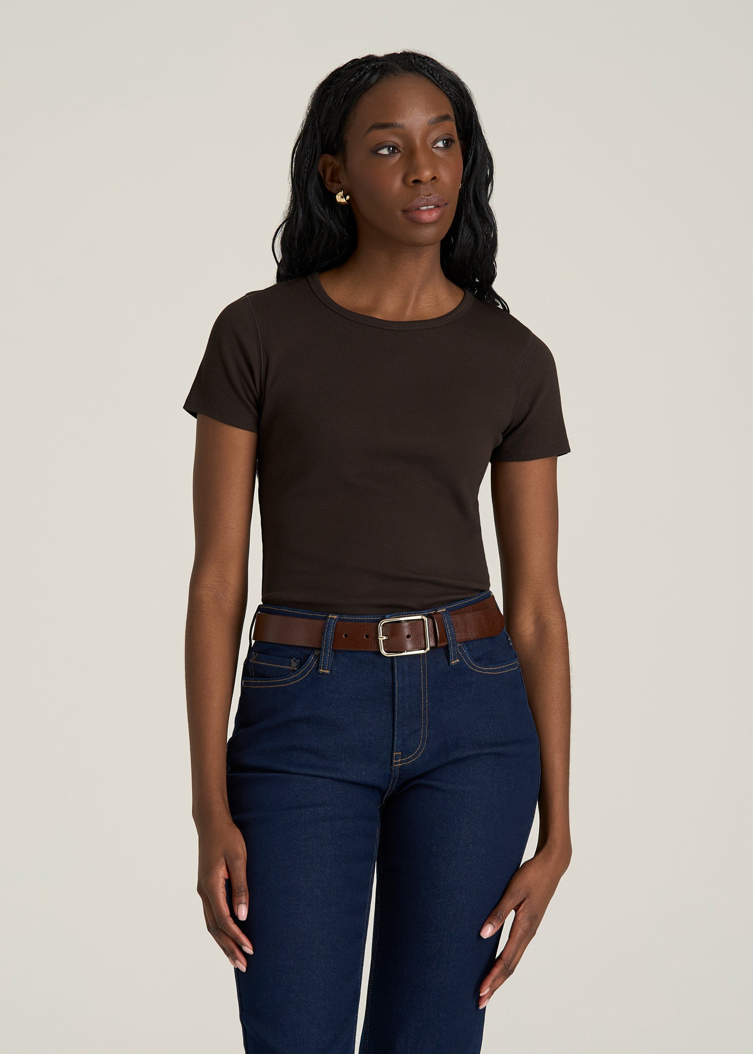 Short Sleeve Crew Neck Ribbed T-Shirt for Tall Women in Espresso