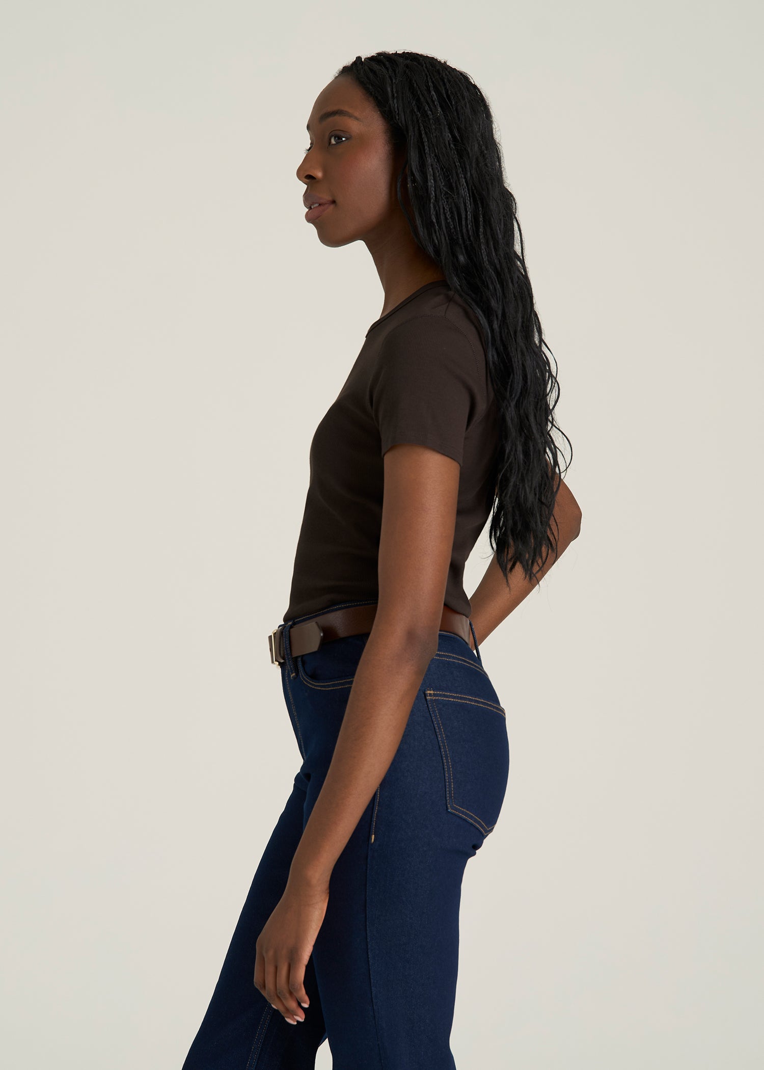 Short Sleeve Crew Neck Ribbed T-Shirt for Tall Women in Espresso