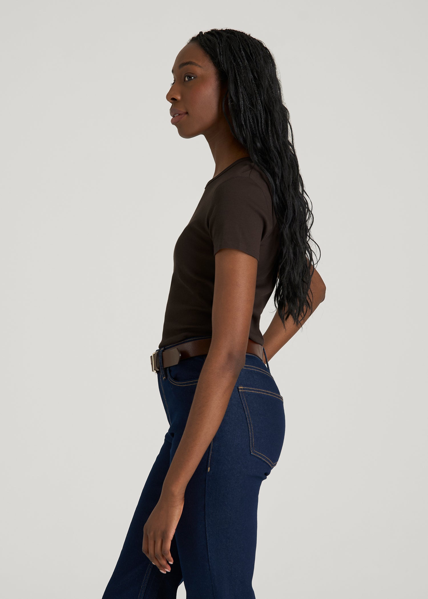 Short Sleeve Crewneck Ribbed T-Shirt for Tall Women in Espresso