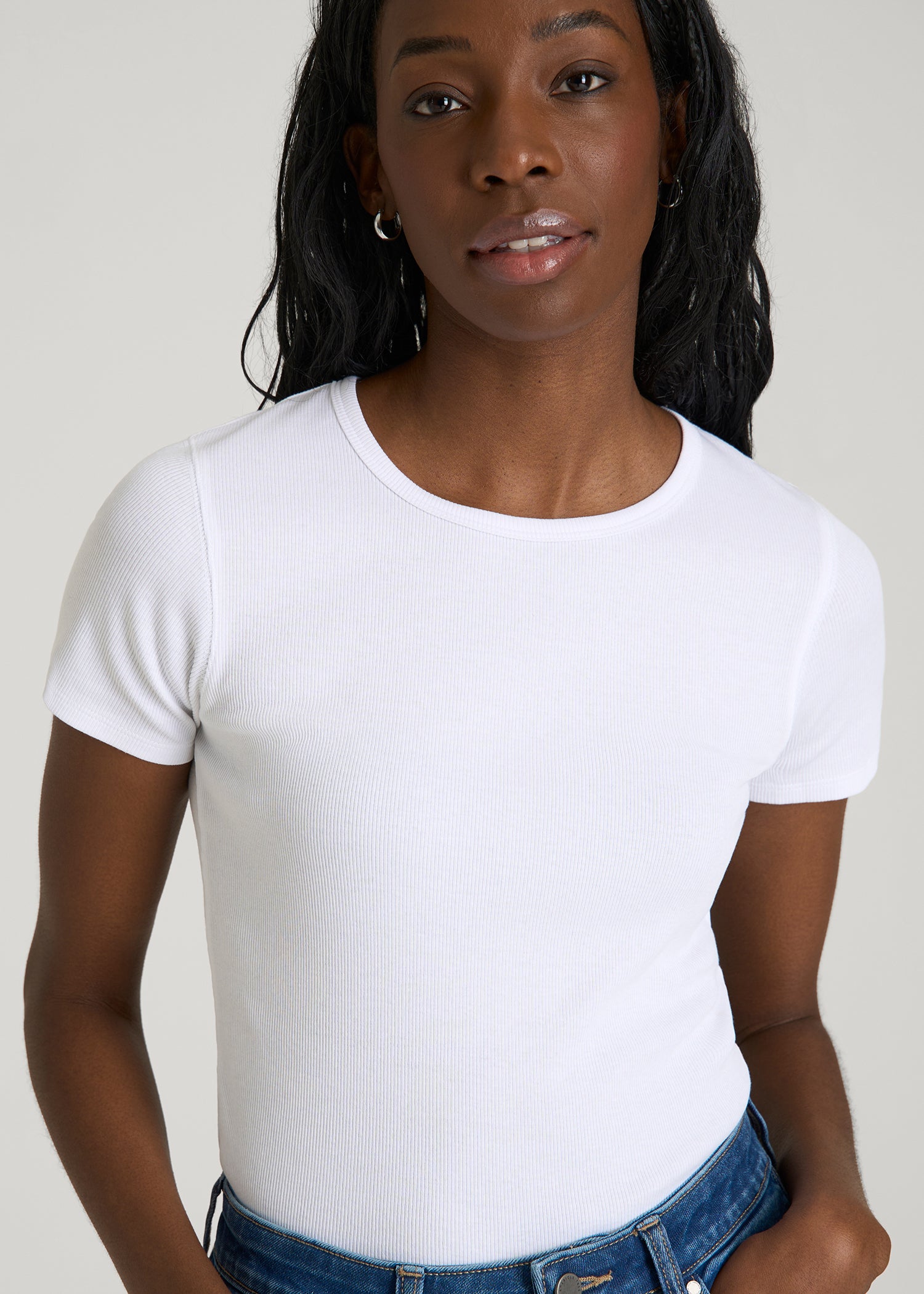 Short Sleeve Crewneck Ribbed T-Shirt for Tall Women in Optic White