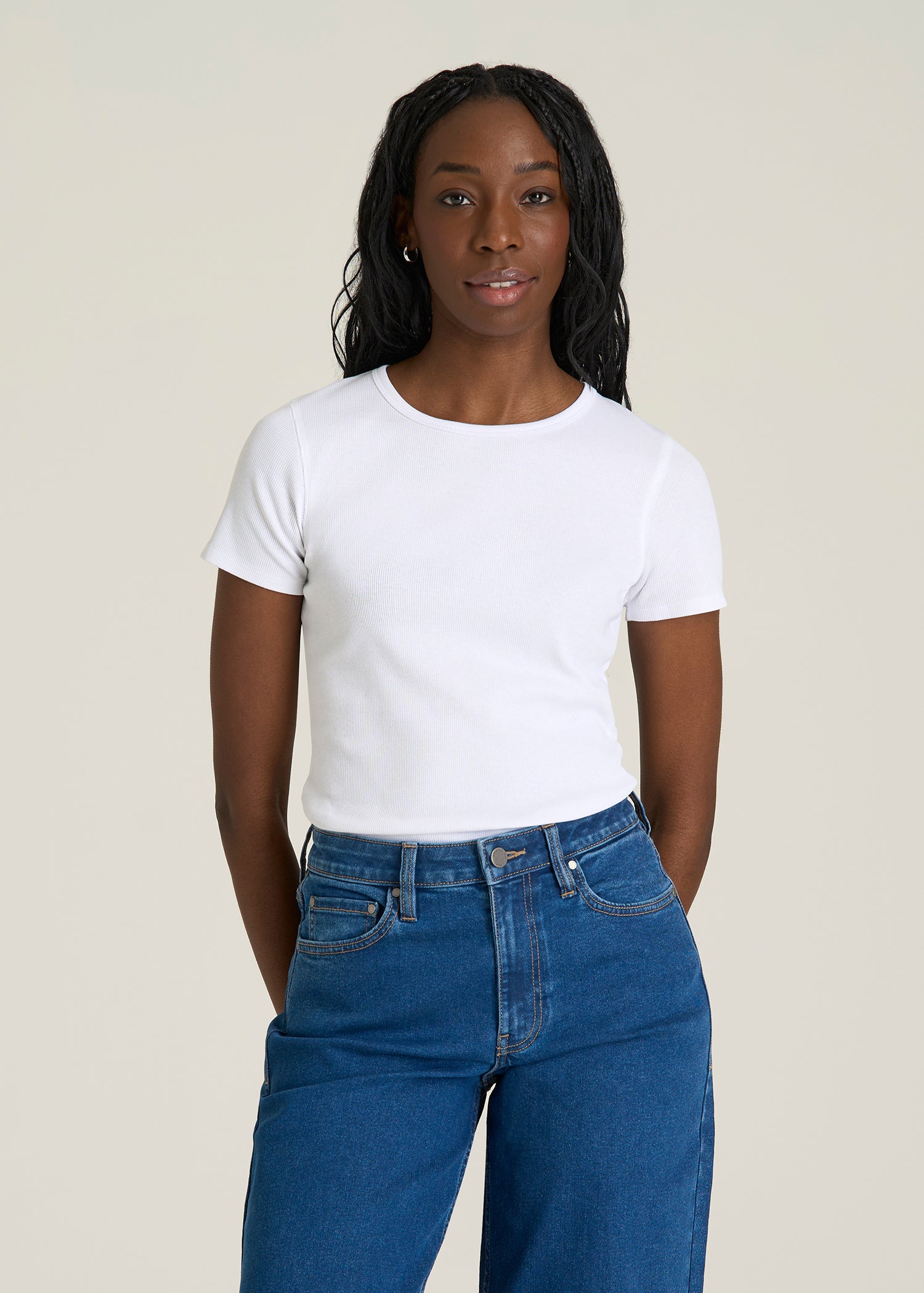 Short Sleeve Crew Neck Ribbed T-Shirt for Tall Women in Optic White