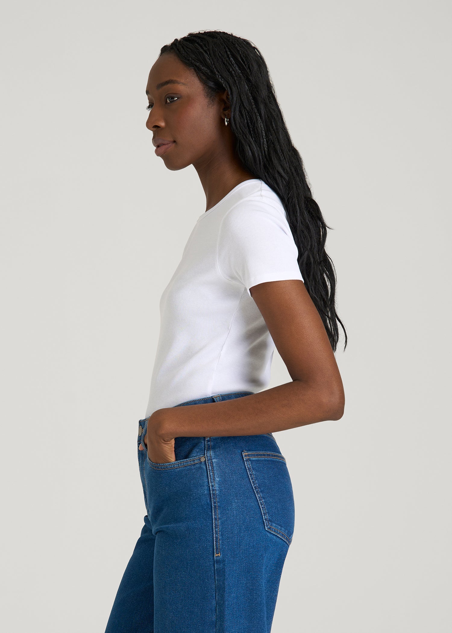 Short Sleeve Crewneck Ribbed T-Shirt for Tall Women in Optic White
