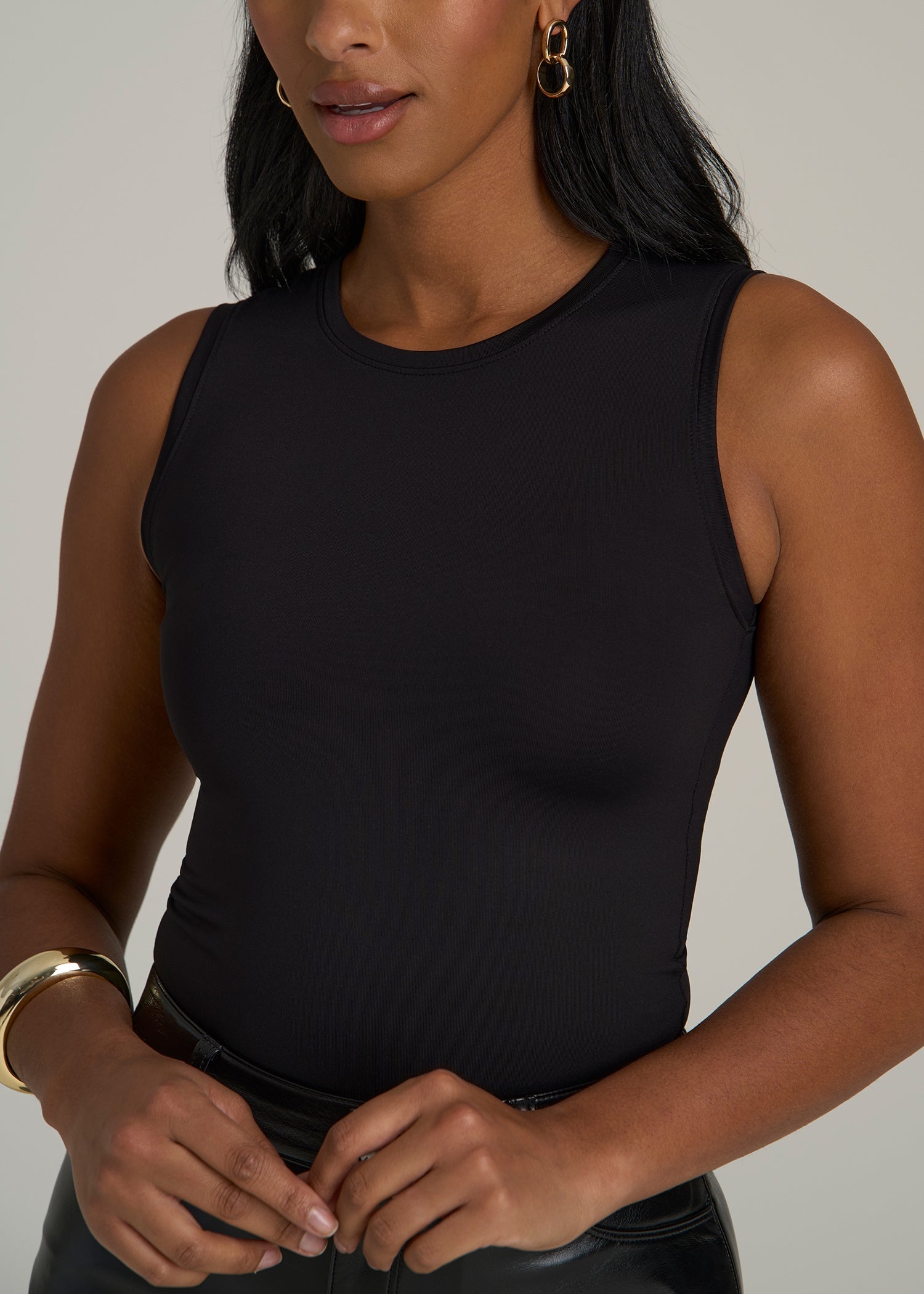 Sleeveless Crewneck Bodysuit for Tall Women in Black