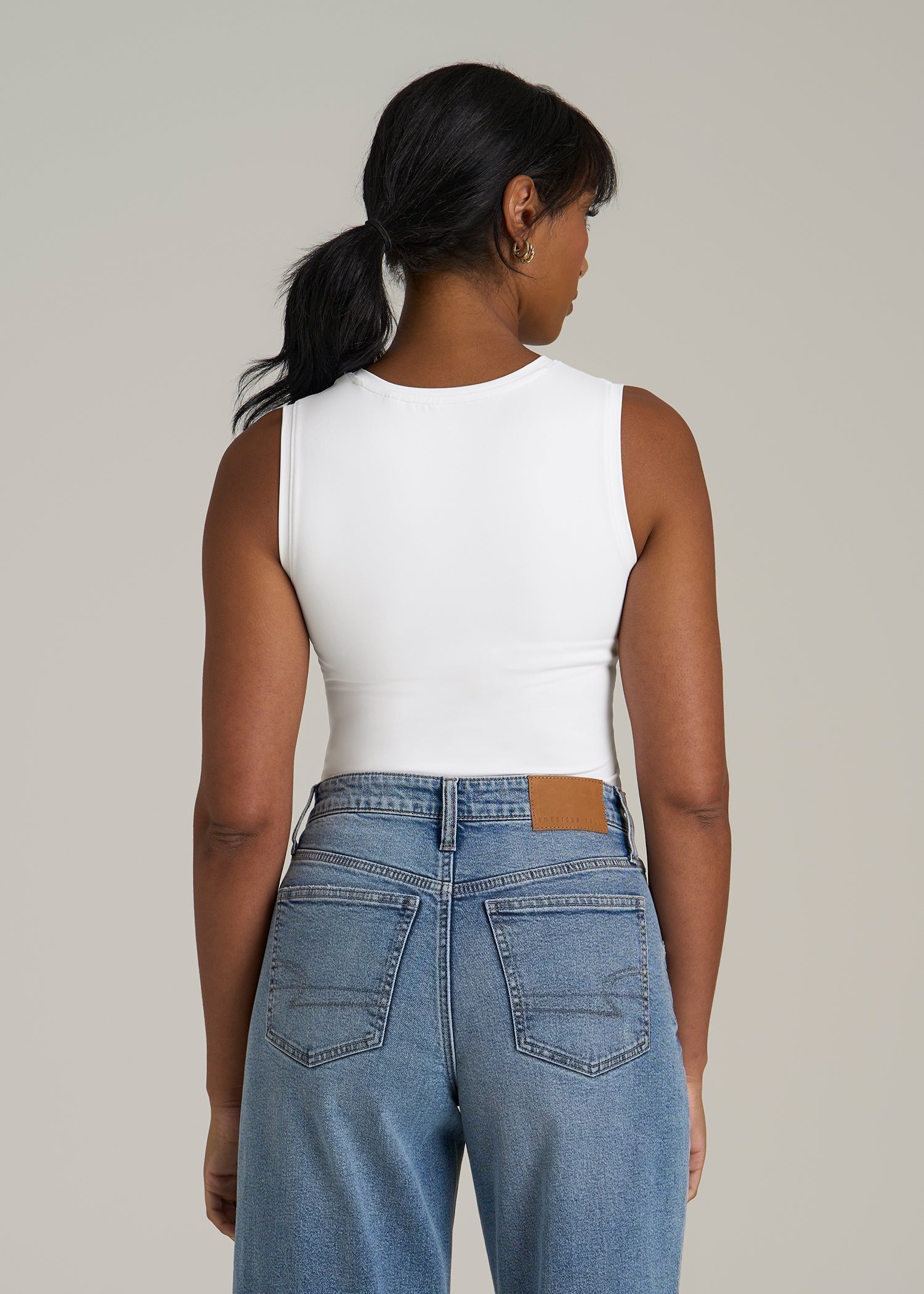 Sleeveless Crewneck Bodysuit for Tall Women in Bright White
