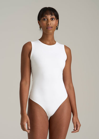 Sleeveless Crewneck Bodysuit for Tall Women in Bright White