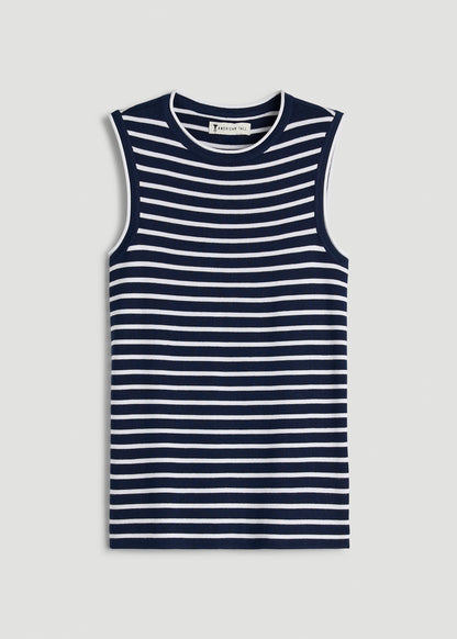 Sleeveless Knit Top for Tall Women in Bold Navy Stripe