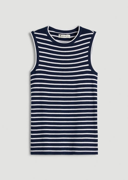 Sleeveless Knit Top for Tall Women in Bold Navy Stripe