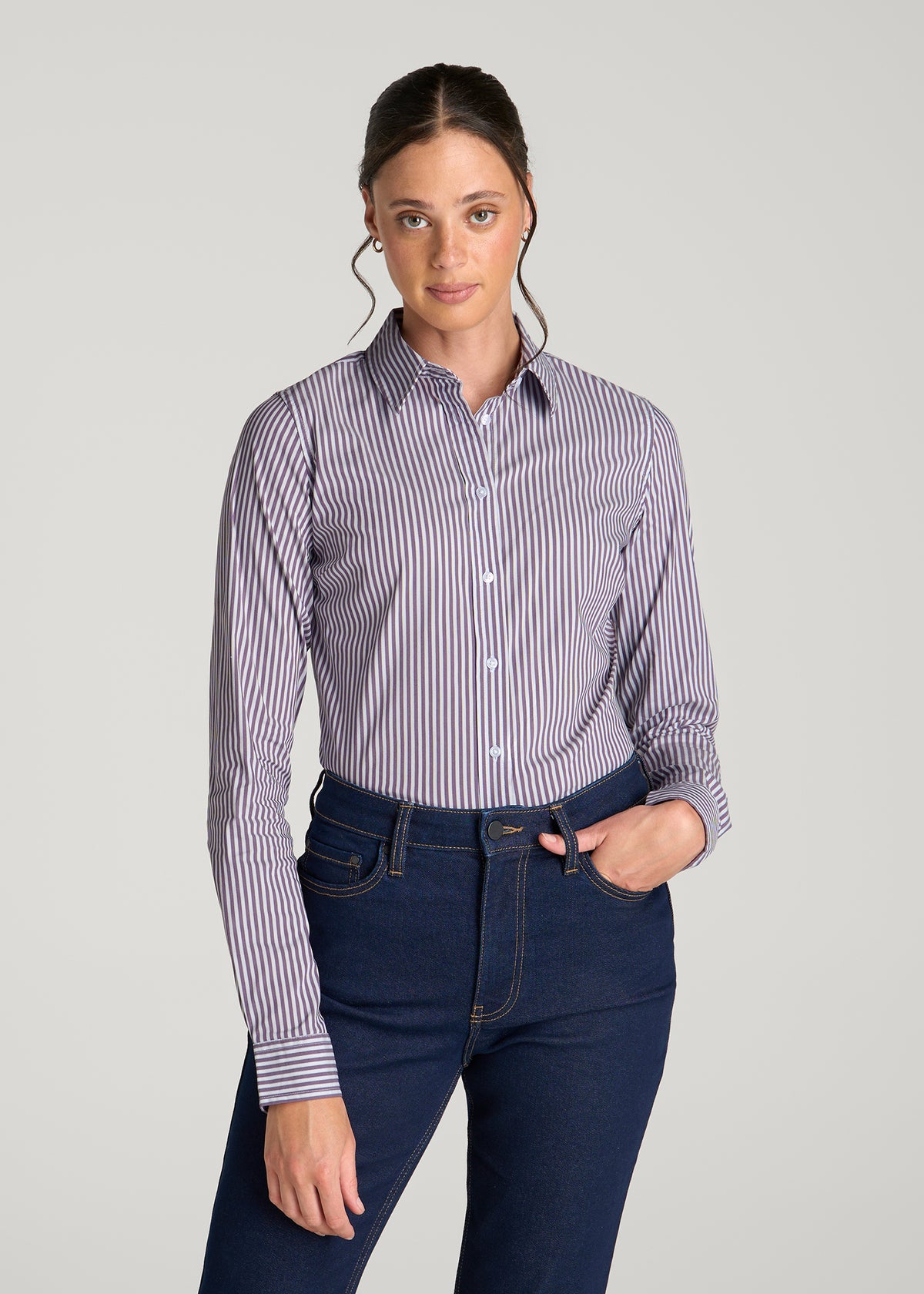 Slim Fit Button Up Shirt for Tall Women in Aubergine Pinstripe