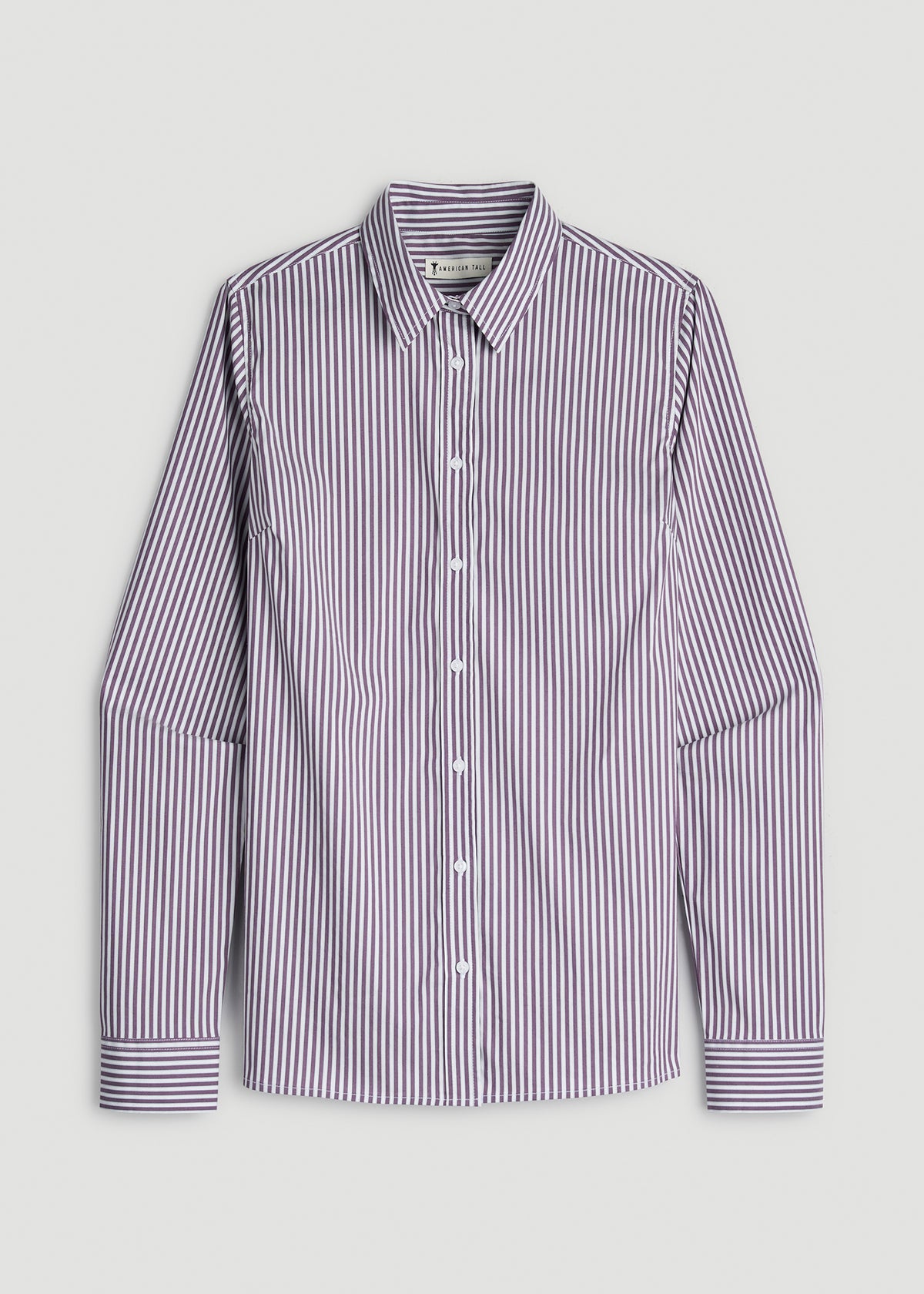 Slim Fit Button Up Shirt for Tall Women in Aubergine Pinstripe
