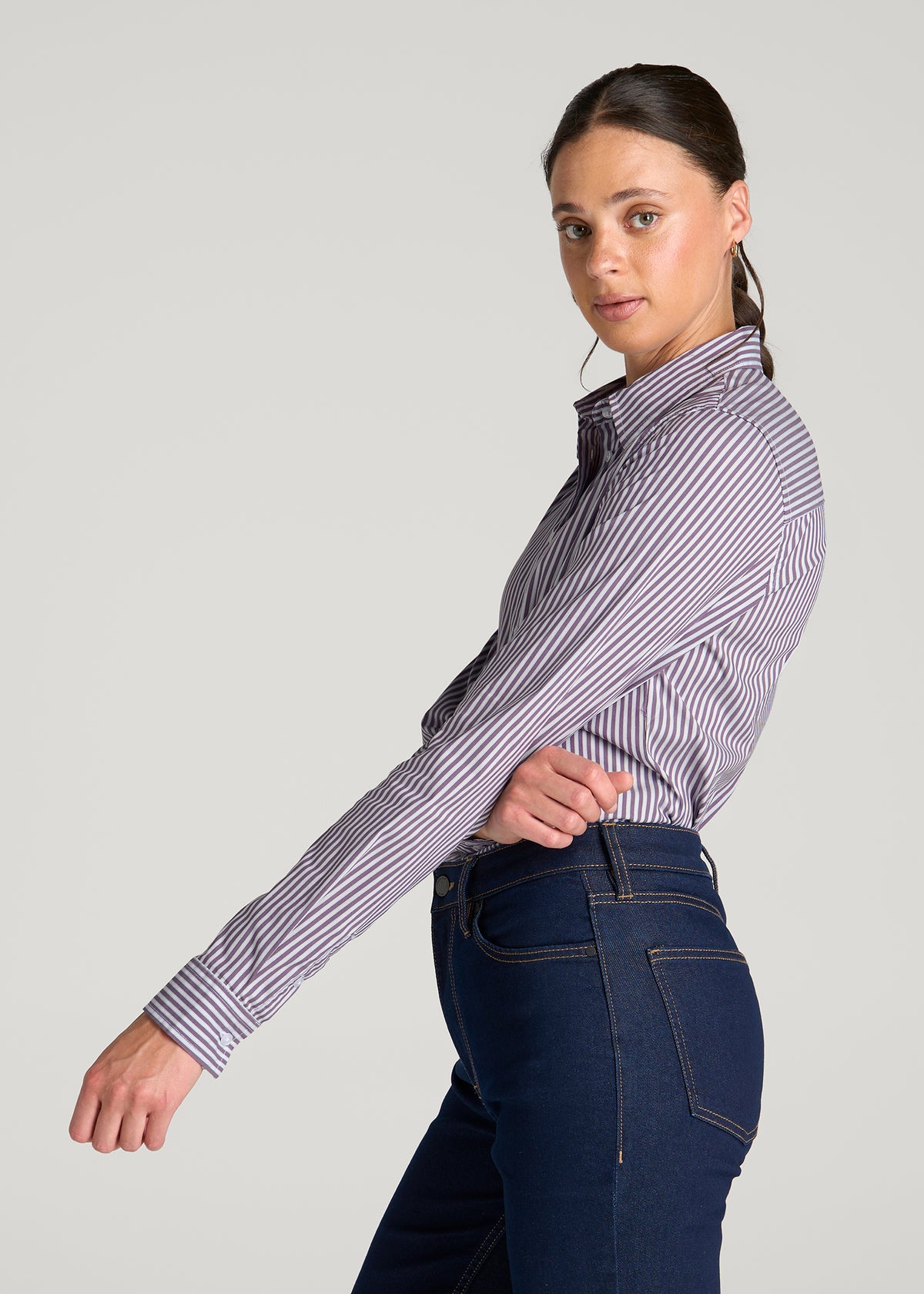 Slim Fit Button Up Shirt for Tall Women in Aubergine Pinstripe