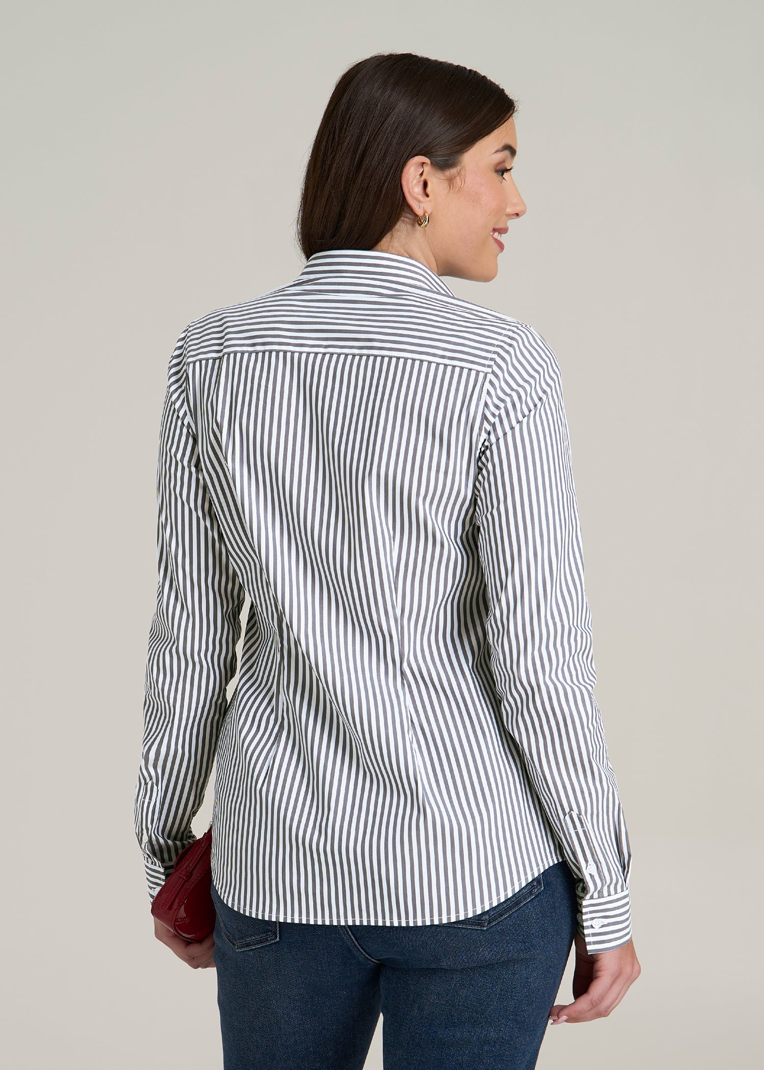 Slim Fit Button-Up Shirt for Tall Women in Grey and White Stripe