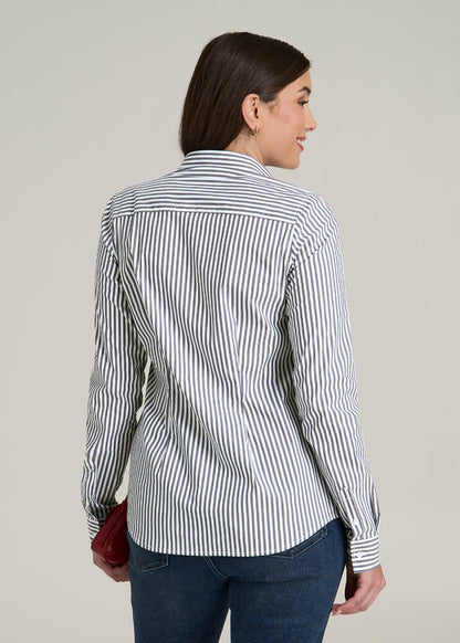 Slim Fit Button-Up Shirt for Tall Women in Grey and White Stripe