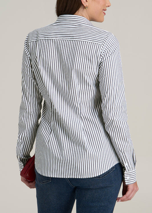 Slim Fit Button Up Women's Tall Shirt in Grey and White Stripe