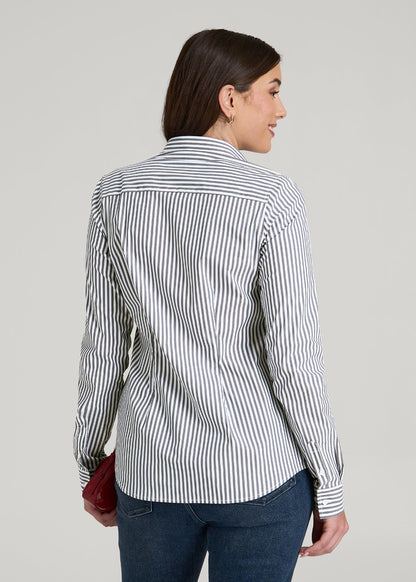 Slim Fit Button Up Shirt for Tall Women in Grey and White Stripe