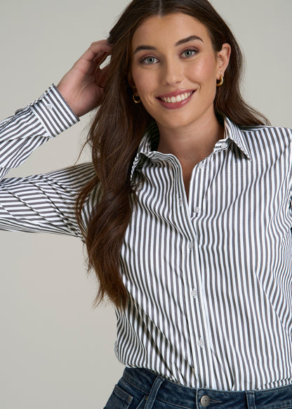 Slim Fit Button-Up Shirt for Tall Women in Grey and White Stripe