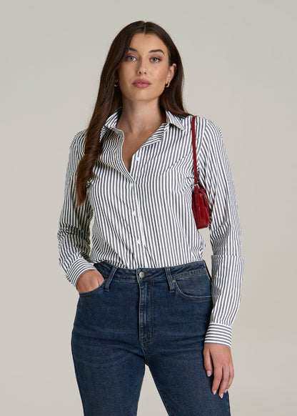 Slim Fit Button-Up Shirt for Tall Women in Grey and White Stripe