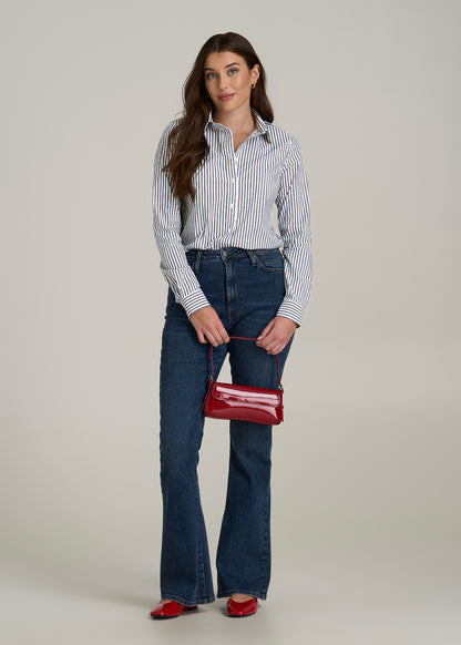 Slim Fit Button-Up Shirt for Tall Women in Grey and White Stripe