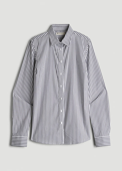 Slim Fit Button-Up Shirt for Tall Women in Grey and White Stripe