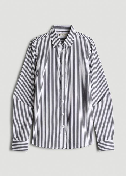 Slim Fit Button Up Women's Tall Shirt in Grey and White Stripe