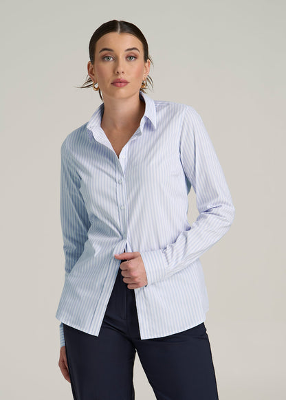 Slim Fit Button-Up Shirt for Tall Women in Light Blue Stripe