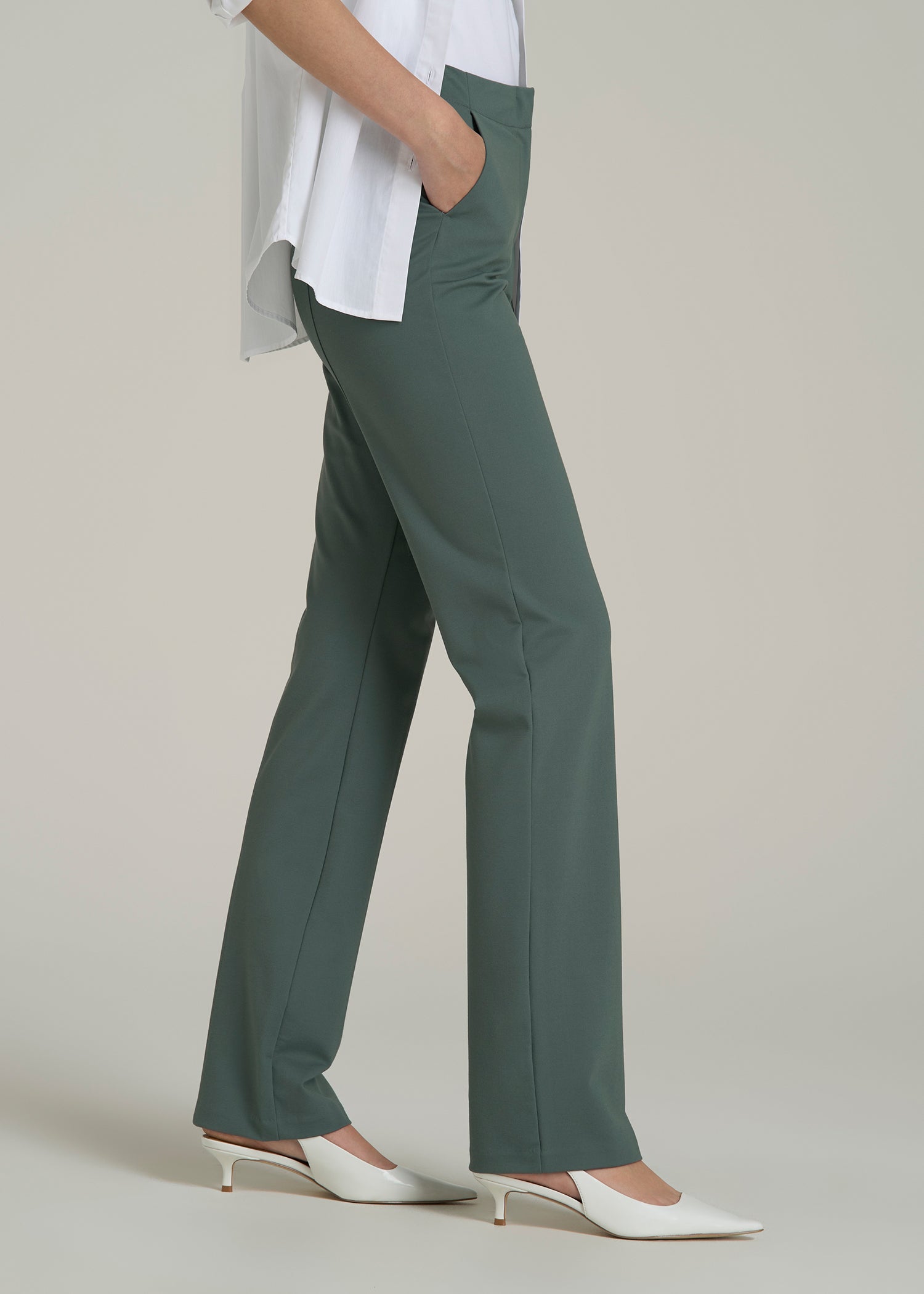 Slim Straight Leg Dress Pants for Tall Women in Balsam Green