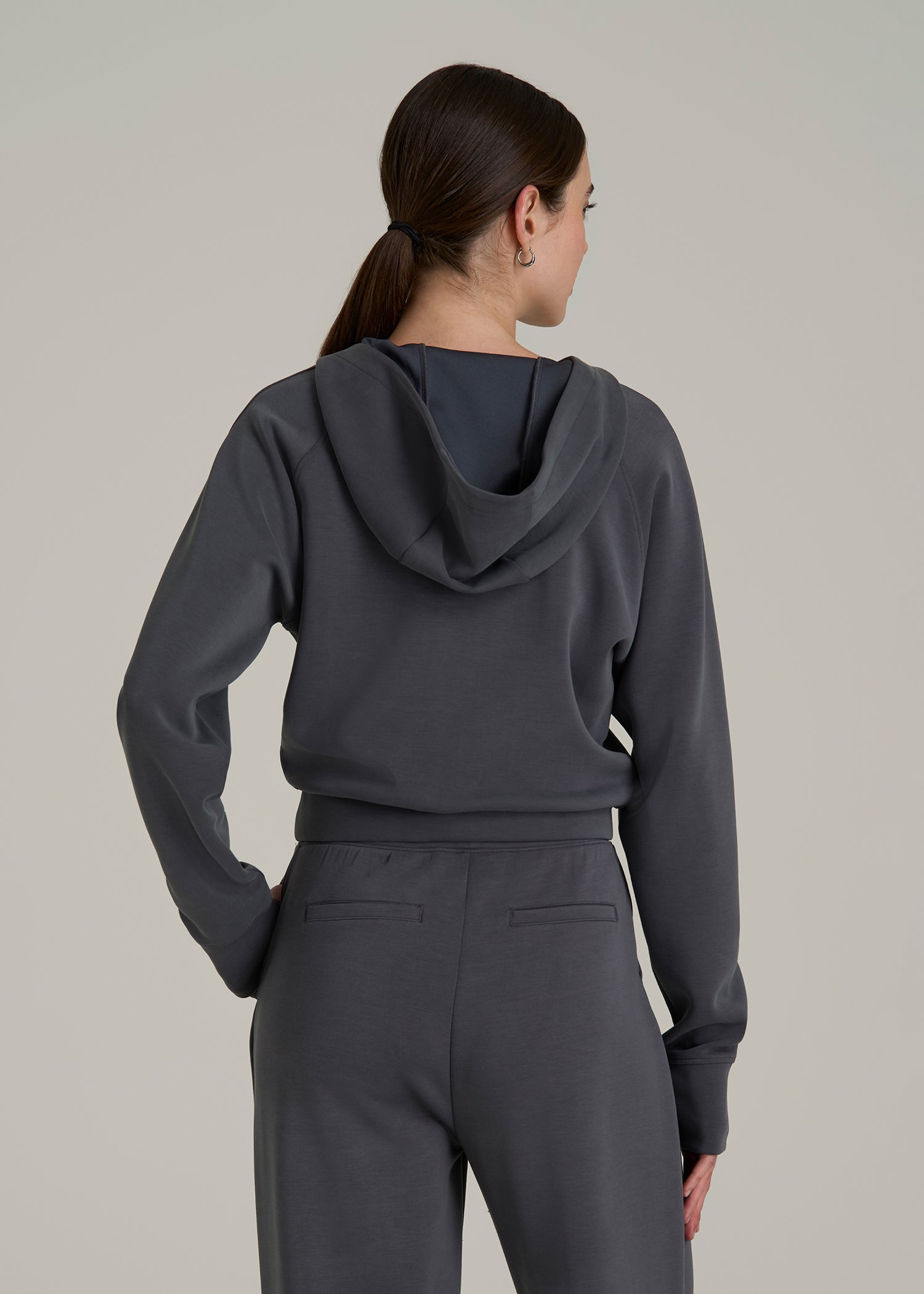 Soft Motion Cropped Zip Up Hoodie for Tall Women in Charcoal Rinse