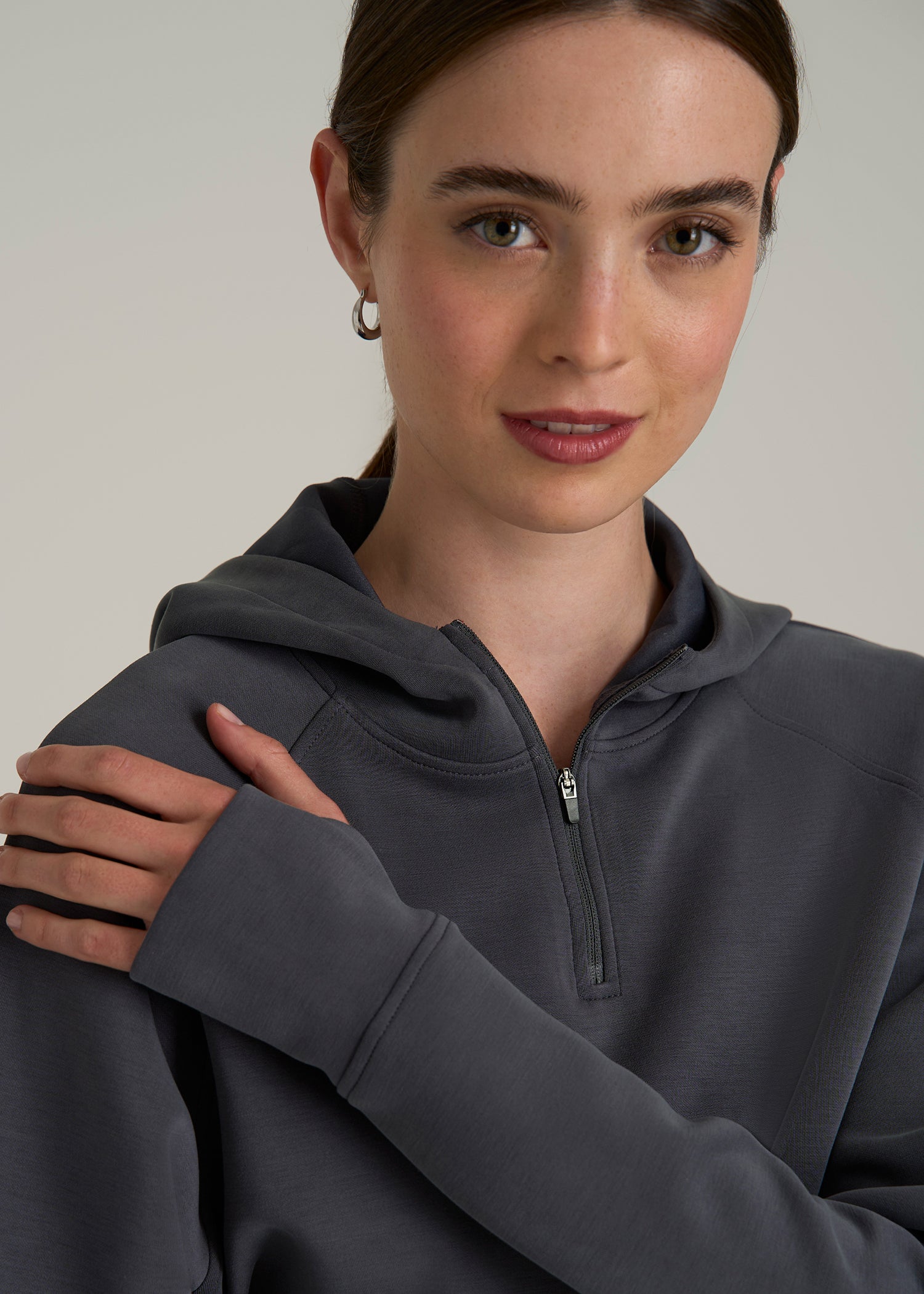 Soft Motion Cropped Zip Up Hoodie for Tall Women in Charcoal Rinse