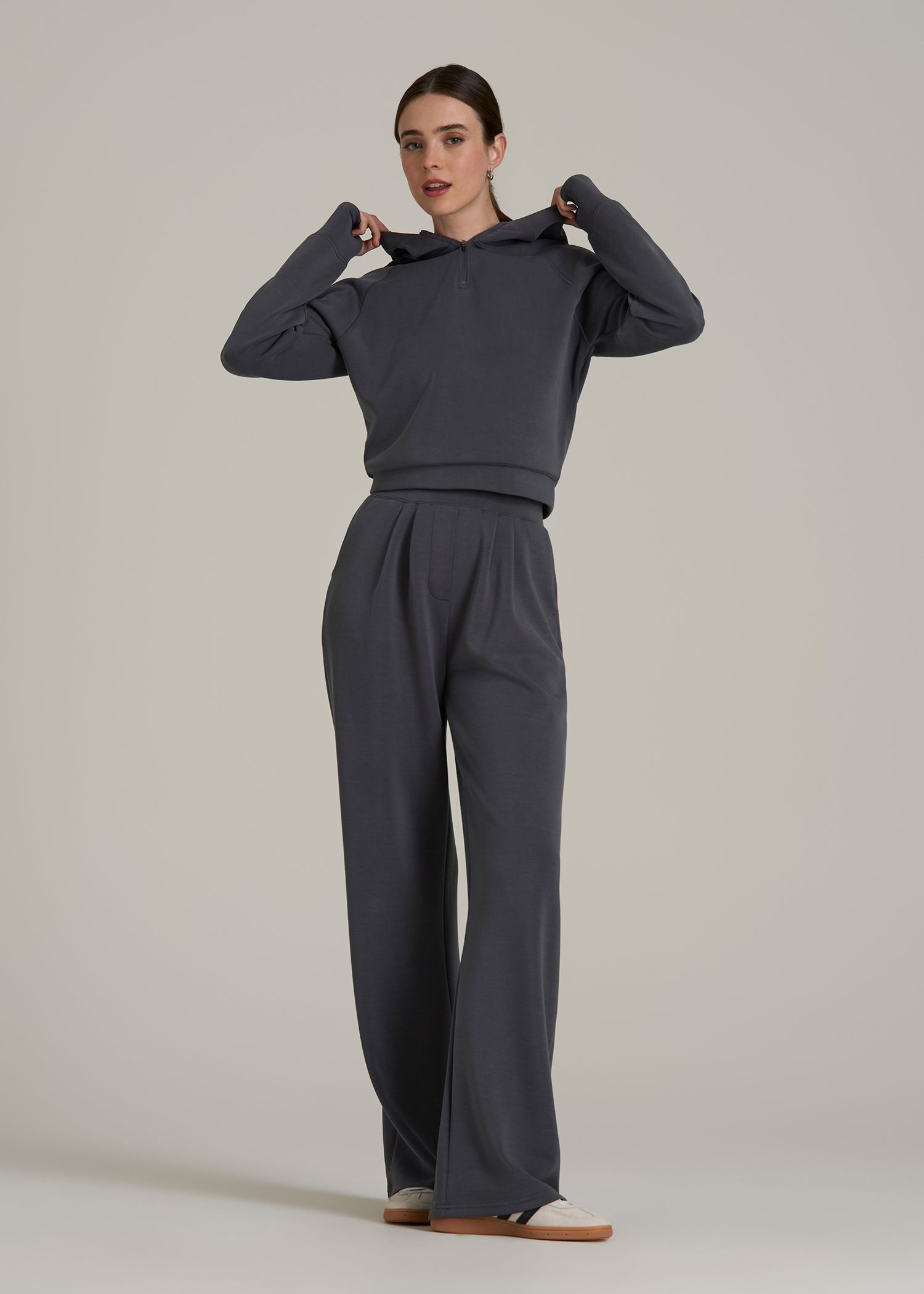 Soft Motion Cropped Zip Up Hoodie for Tall Women in Charcoal Rinse