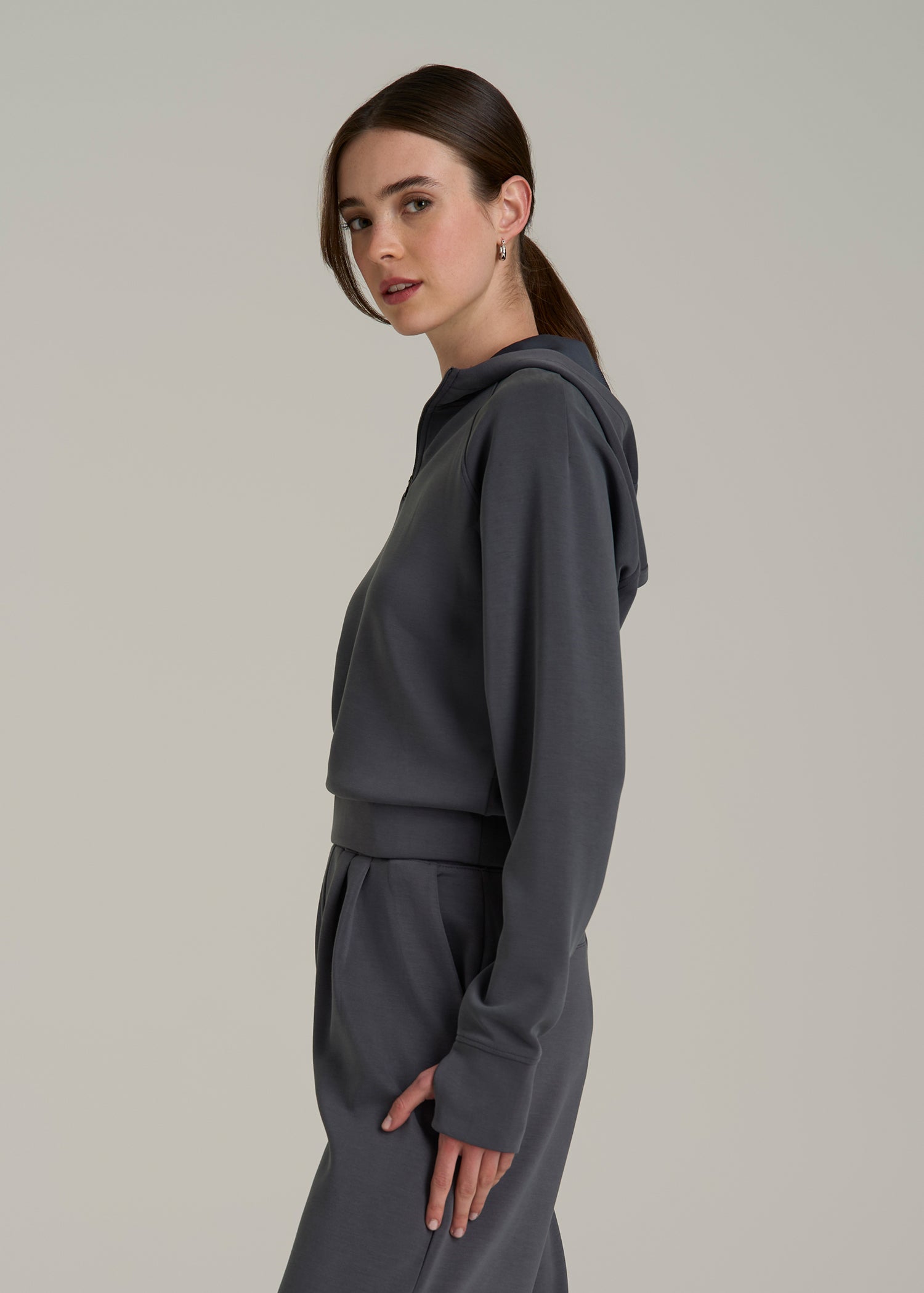 Soft Motion Cropped Zip Up Hoodie for Tall Women in Charcoal Rinse