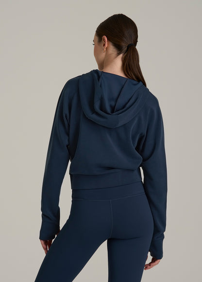 Soft Motion Cropped Zip Up Hoodie for Tall Women in Evening Blue
