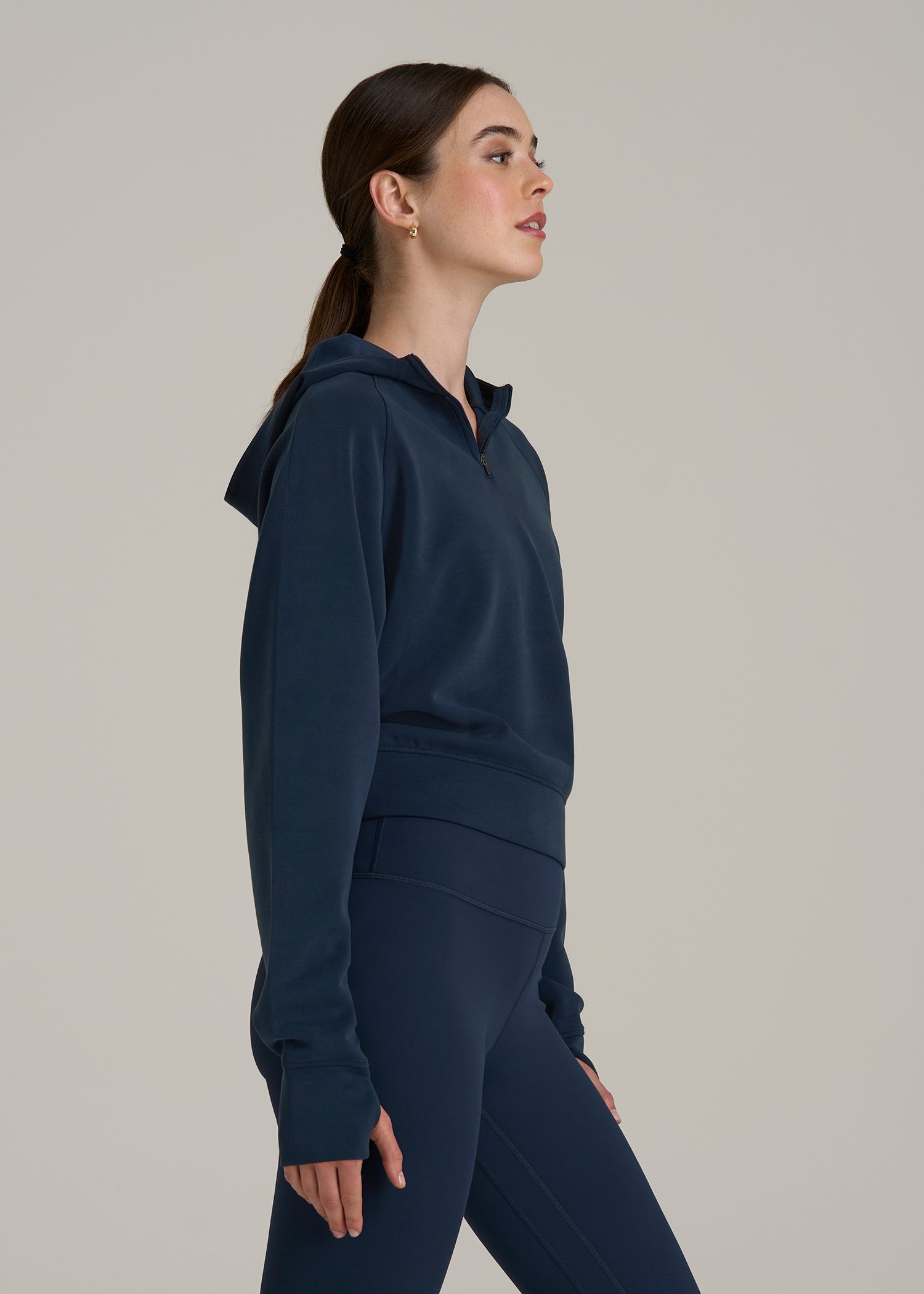 Soft Motion Cropped Zip Up Hoodie for Tall Women in Evening Blue