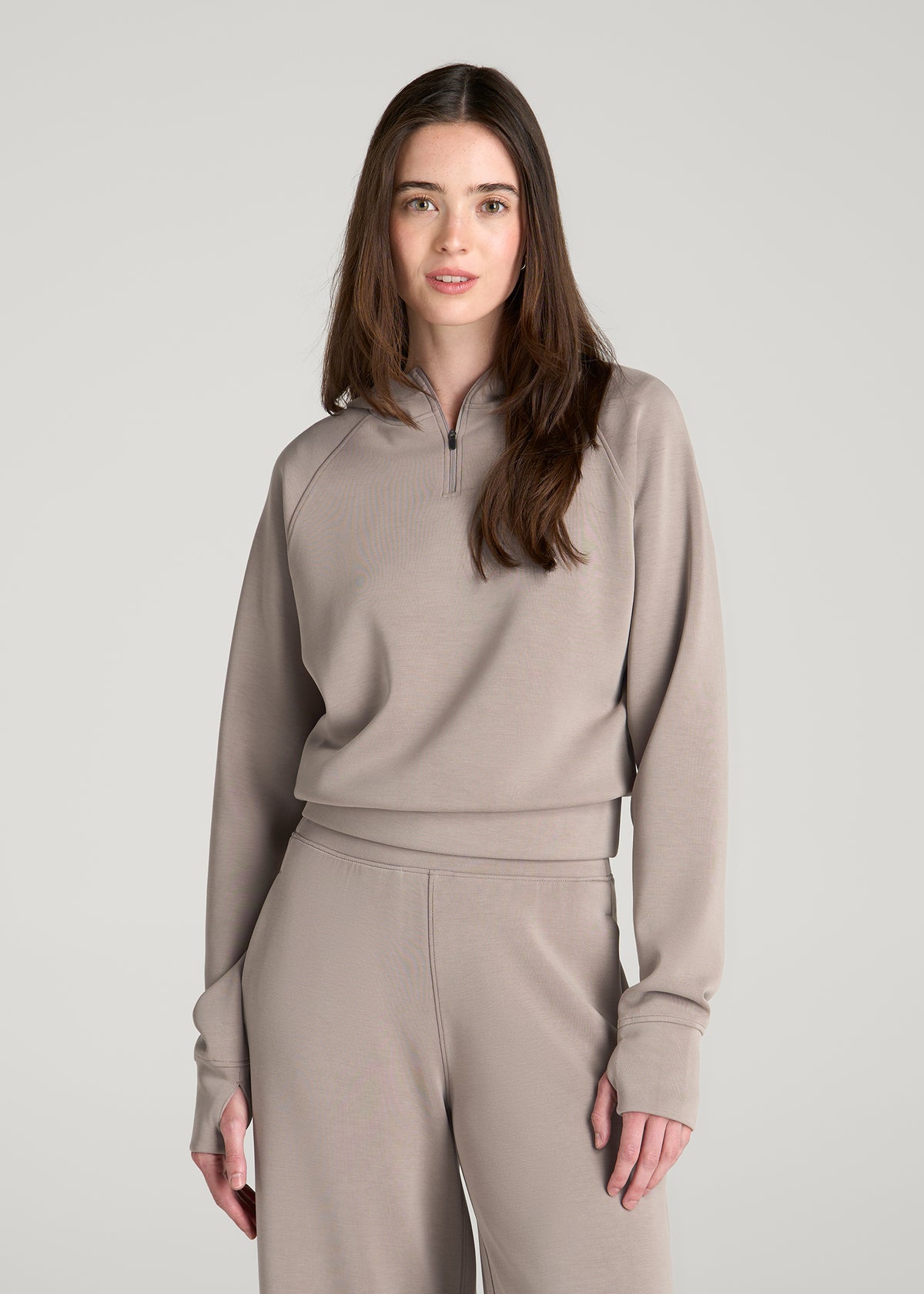 Soft Motion Cropped Zip Up Hoodie for Tall Women in Portobello