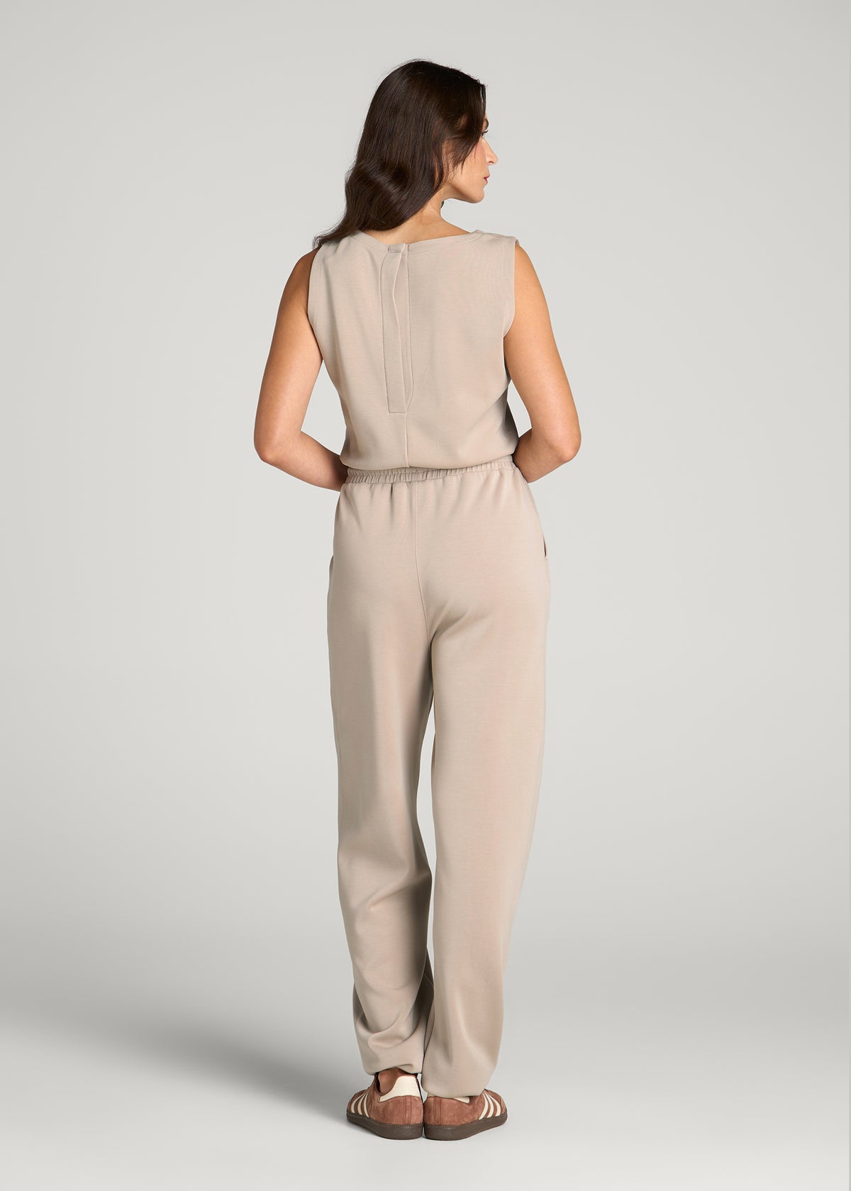 Soft Motion Sleeveless Sweatpants Jumpsuit for Tall Women in Simply Taupe