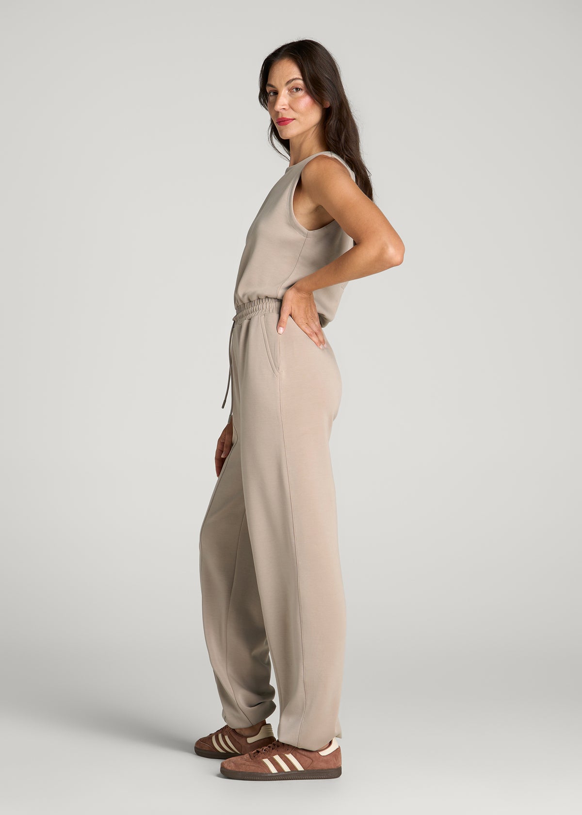 Soft Motion Sleeveless Sweatpants Jumpsuit for Tall Women in Simply Taupe