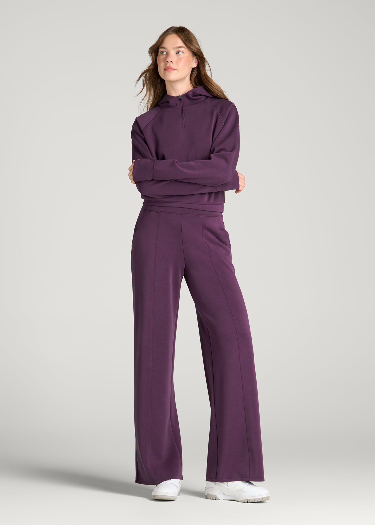 Soft Motion Wide Leg Ultra High Rise Pants for Tall Women in Aubergine